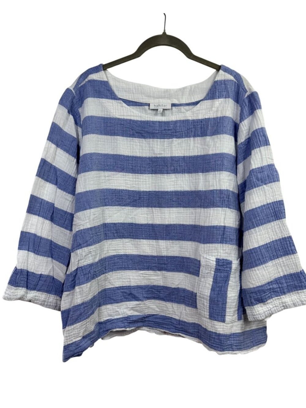 Habitat Women Blue White Striped gauzy Cotton Top size XL 3/4 Sleeve Lagenlook